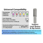 Télécommande universelle pour ouvre-porte de garage compatible avec les ouvre-portes de garage sectionnels LiftMaster, Chamberlain, Genie, Craftsman, Linear, Wayne et Dalton. Elle possède un bouton d'apprentissage ou un commutateur DIP. 