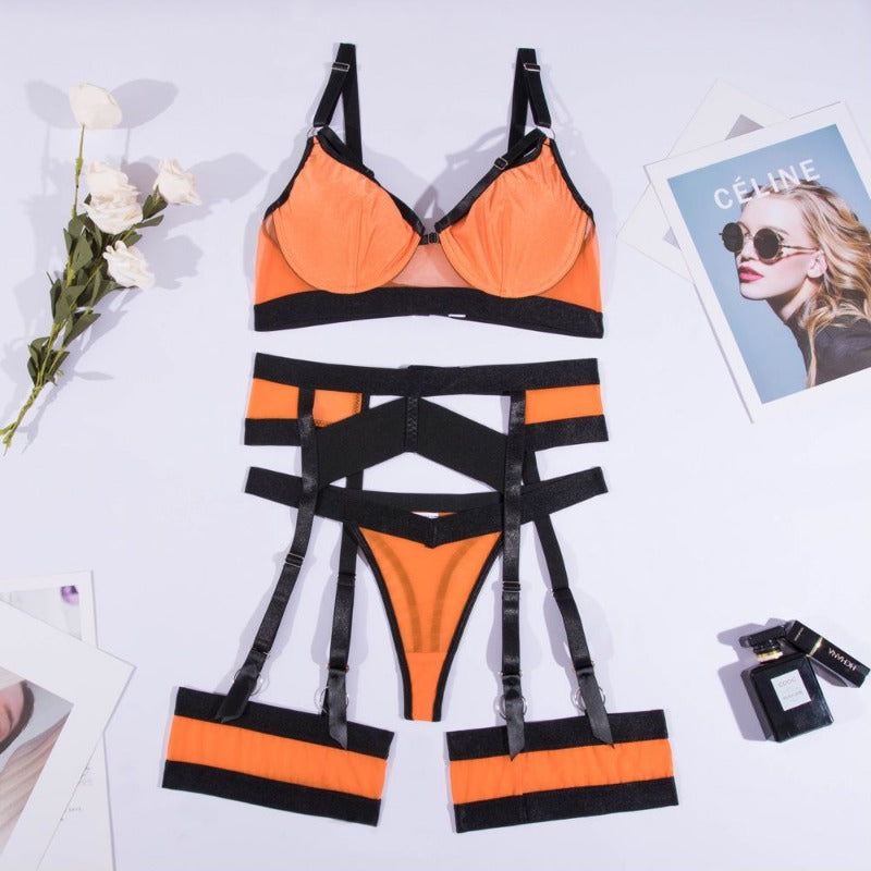 Orangefarbener und schwarzer sexy Damen-String mit Strumpfhaltern