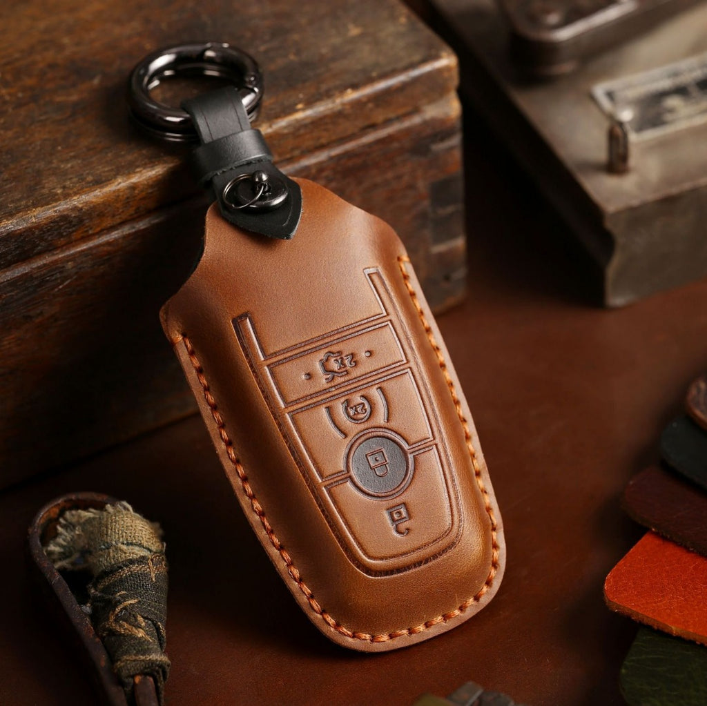 Étui en cuir pour clé de voiture (2, 3, 4 ou 5 boutons) compatible avec les Ford Focus, Explorer, Kuga, Sharp, Aviator, Lincoln Mondeo, Edge, F-150, Raptor et autres pick-ups.
