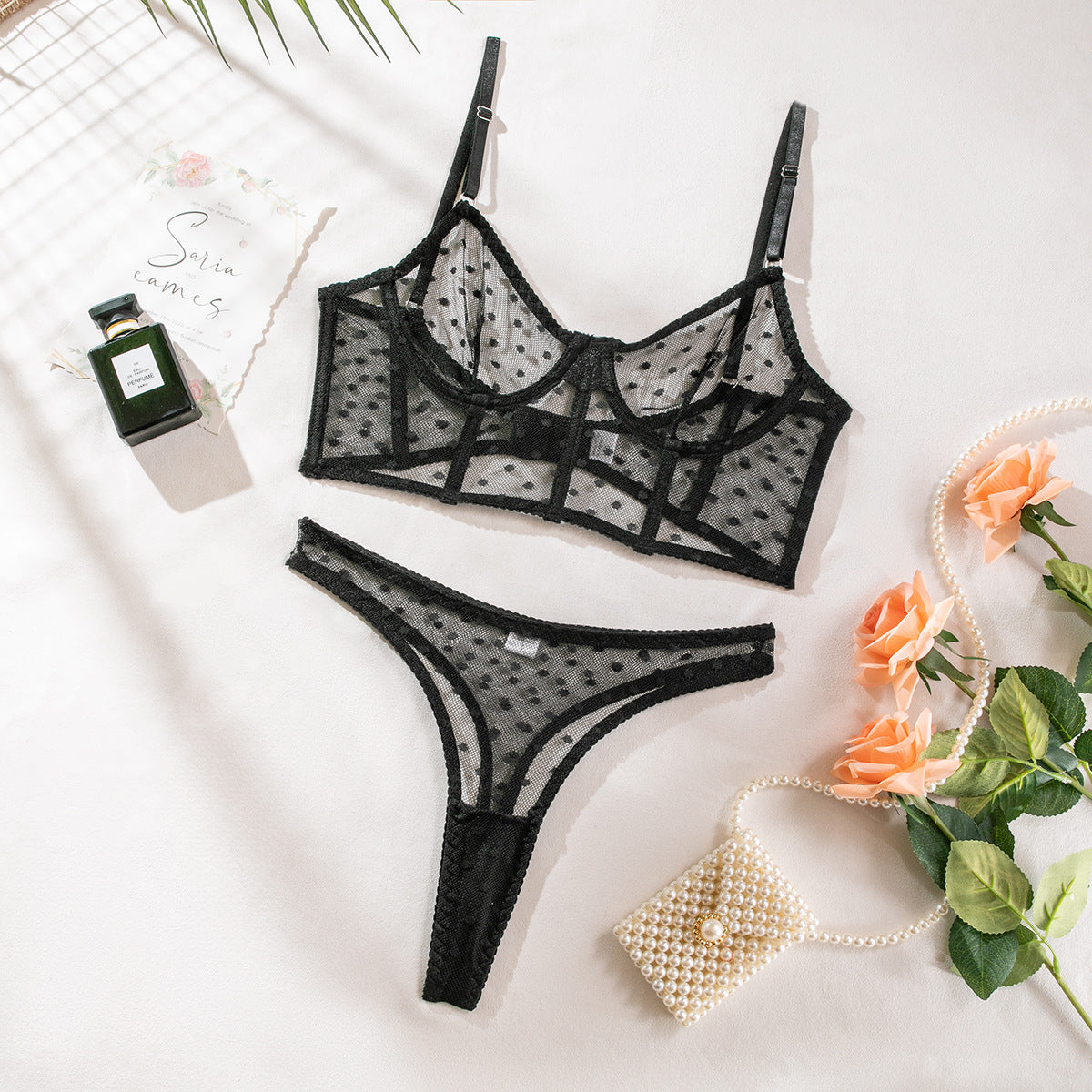 Polka Dot Mesh Ultra-Thin See-Through Sexy Bra 2-Piece Set G string Thong