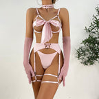 Carsine Six-piece set of bondage hollow belt long gloves chest strap sexy lingerie G string Thong Black / S