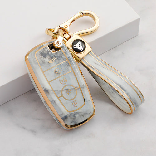 Carsine Ford Mustang Lincoln Car Key Case Gold Inlaid With Jade Grey / Key case + strap