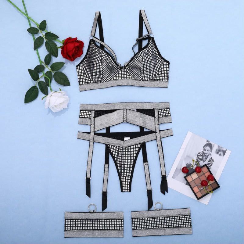 Carsine Black and silver sexy women's underwear garter straps G string Thong Black and silver / S