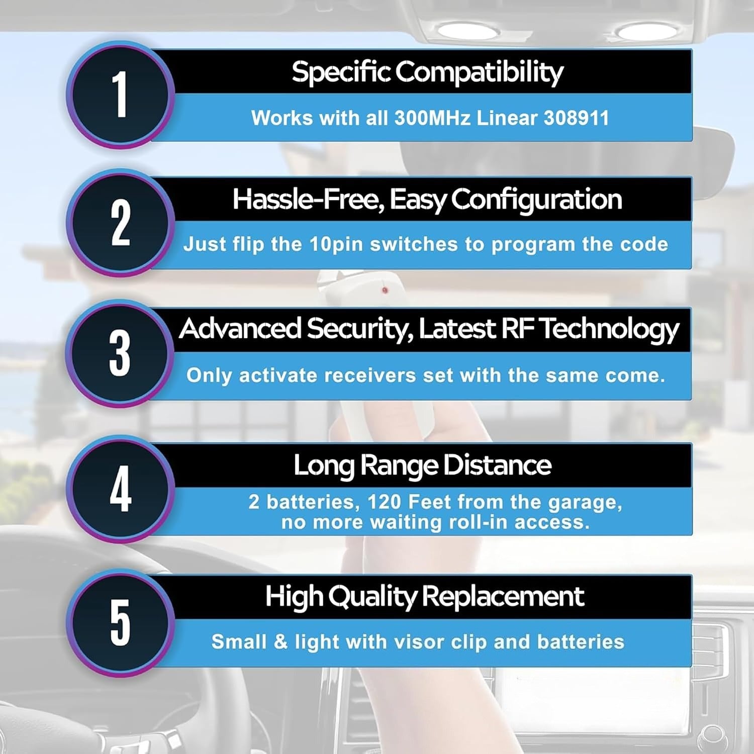 Carsine Multicode Linear 308911, 10 dip Switch Gate Opener Remote 300MHz, Multi Code Garage Door Opener Remote, Garage Clicker Replacement White / 1 PCS