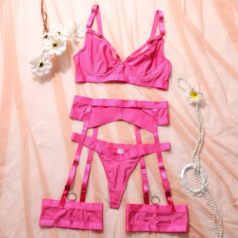 Rosaroter, sexy Damen-String mit Strumpfhaltern