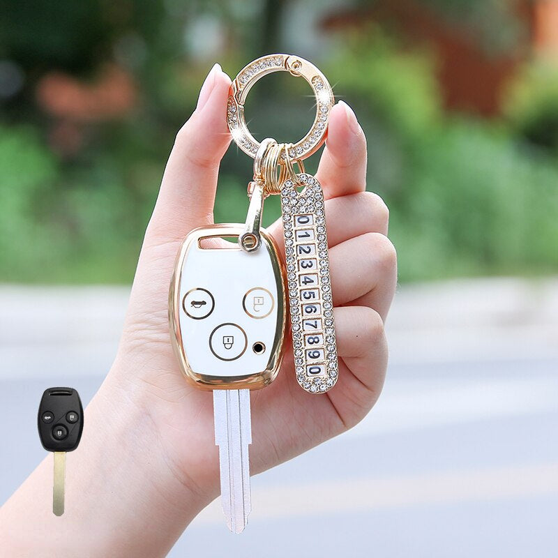Carsine Honda Car Key Case Golden Edge 3 Buttons / White / Key case + O chain