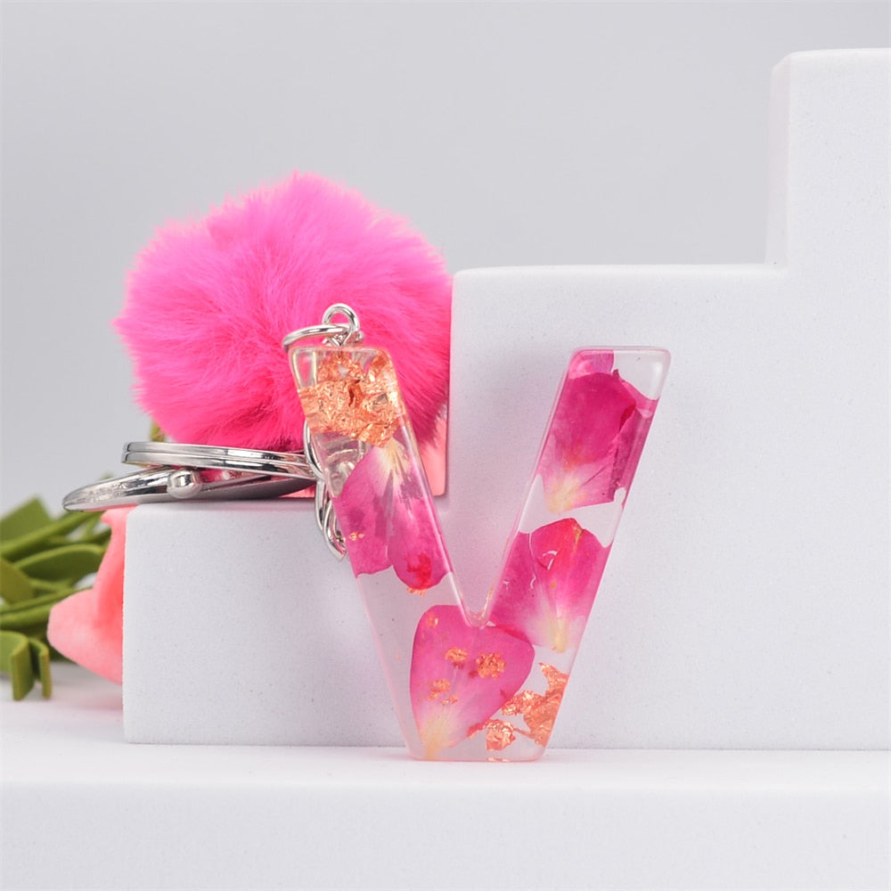 Carsine Pink Pompom 26 Alphabets Keychain V